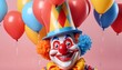 © cd - April fool's day. Crazy funny illustrations of a laughing clown in a cap, a toy on a spring, glasses with a nose and a smile, balloons for a poster, background generative ai.