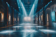 Contemporary art gallery wall with spotlights illuminating the artwork.
