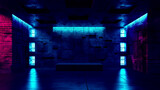 Fototapeta Przestrzenne - Neon light figures on a dark abstract background. Neon lamps on a brick wall in a dark room