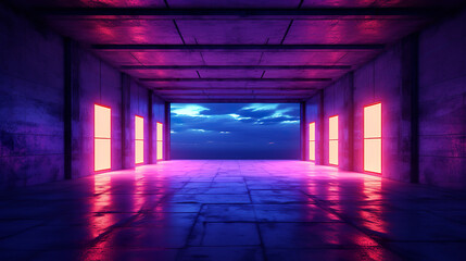 Wall Mural - Background of an empty dark Sky-Fi stage at night. Neon lighting. Reflection of ultraviolet light.
