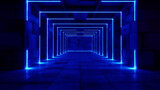 Fototapeta Przestrzenne - Neon light figures on a dark abstract background. Neon lamps on a brick wall in a dark room