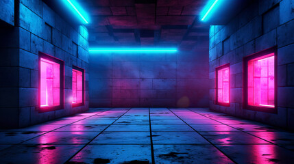 Poster - Background of an empty dark Sky-Fi stage at night. Neon lighting. Reflection of ultraviolet light.