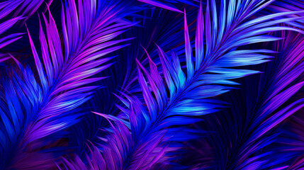 Wall Mural - Ultraviolet neon palm leaves on a dark background. Tropical glowing plants