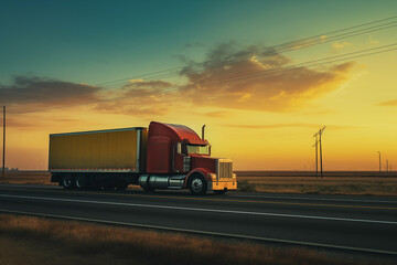 Wall Mural - During sunset, truck with trailer container is transporting cargo along asphalt roads on highway AI Generation