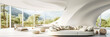 luxury futuristic modern light white living room interior, huge windows overlooking trees, forest landscape, natural view, minimalist interior design background