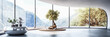 futuristic modern light white living room interior, huge windows overlooking green hills, forest landscape, minimalistic interior design background