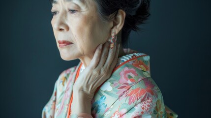 Wall Mural - An elderly Asian woman in national costume looks with a sad look