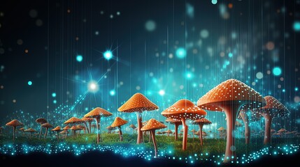 Wall Mural - abstract background with a growing digital mushroom. machine learning and big data array visual conc