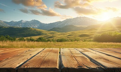 Empty table for copyspace template on mountain landscape. Plank wooden board counter on rustic outdoor backdrop for mockup. Place for product display. AI Generated Tabletop side view for mock up