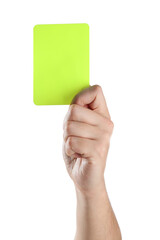 Wall Mural - Referee holding yellow card on white background, closeup