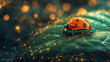 A single ladybug on a vibrant leaf with a backdrop of digital network patterns symbolizing natural and tech harmony