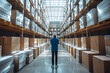 © fadi - worker in warehouse, Worker Wearing Hard Hat Holding Digital Tablet Computer Walking Through Retail Warehouse full of Shelves with Goods. Working in Logistics and Distribution Center
