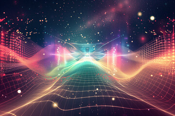 Wall Mural - An abstract vector background illustrating the essence of technology and communication, with overlapping digital waveforms and geometric shapes symbolizing network connectivity.