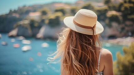 Wall Mural - A summer vacation in France, with a young woman wearing a hat and long hair, enjoying the French Riviera.