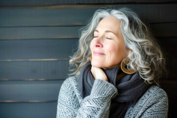 Wall Mural - mature caucasian woman enjoying music , carefree and joyful expression,