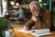 Thoughtful older adult business man writing in notebook, middle aged author or writer taking notes thinking of new ideas, mature male student making checklist, learning in cafe, Generative AI