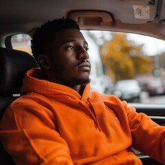 Man sitting in a car with orange hoodie Generative Ai