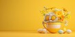 Easter egg and spring flowers in a cup of tea on a yellow background, creative Easter holiday concept, minimalism for postcard design