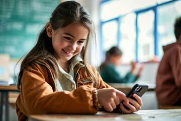 Wall Mural - Happy latin hispanic kid girl school student using smartphone in classroom. Preteen child holding mobile cell phone having fun with apps playing games, Generative AI
