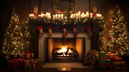 Canvas Print - holiday fireplace mantle christmas