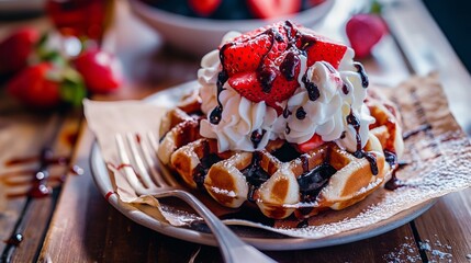 Wall Mural - A close-up of a Belgian waffle freshly made and piled high with whipped cream, strawberries, and drizzled with chocolate sauce, served on a paper plate with a fork