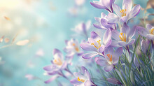 A Spring Background With Delicate Lilac Crocus Flowers Against Blue Sky
