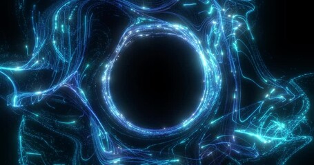 Wall Mural - blue particles swirl seamlessly on a black background. concentric circles with spinning lights in th