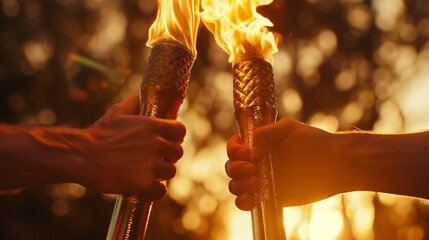 A close-up of the Olympic torch being passed between two runners, capturing the flame's glow and the symbolic gesture of unity and peace. 