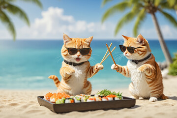 Two cats with sunglasses and chopsticks fighting for delicious sushi on the beach, funny sushi ad, blurred background with the sea and palms, copy space for text