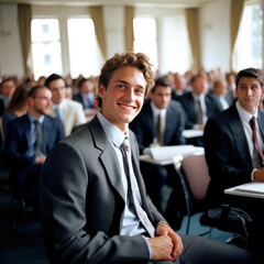 Wall Mural - a young lot of   confidence  businessman in business, seminar surrounded with people in  suits