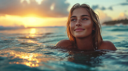 Wall Mural - beautiful blonde tan white woman is swimming in the clear green ocean water at sunset time 