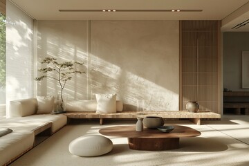 Wall Mural - A Japanese-inspired living room filled with furniture and featuring a spacious large window.