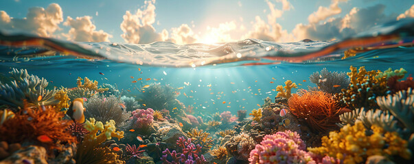 Underwater magic: Split view of sunlit sea and vibrant underwater scene