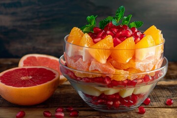 Wall Mural - A sunrise fruit salad in a glass bowl, with layers of orange and pink grapefruit segments, accented with pomegranate seeds. 8k
