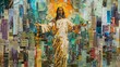 Jesus, in modern artistic style, standing in the center of the image of a city all constructed from newspaper cut-outs.