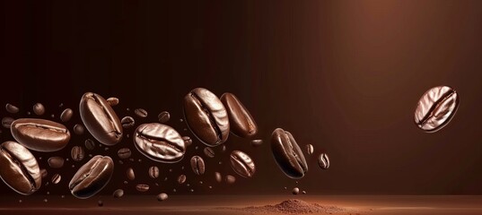 Wall Mural - Levitating roasted coffee beans on dark background for fresh espresso aroma concept