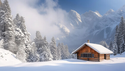 Poster - Wooden cabin nestled amidst snowy mountain landscape  - wide format