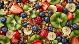 Fototapeta Kuchnia - Homemade granola with nuts and raisins, kiwi, blueberries, banana, strawberries and plain yogurt. Top view. Concept of healthy lifestyle, dieting, healthy eating and breakfast