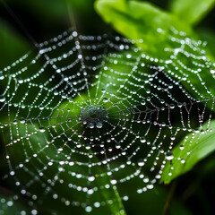 Canvas Print - Macro shot of a dew-covered spider web.