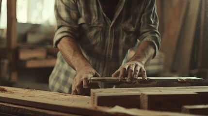  man owner a small furniture business is preparing wood for production. carpenter male is adjust wood to the desired size. architect, designer, Built-in, professional wood, craftsman, workshop.