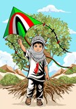 Fototapeta Dinusie - Child from Gaza, little Boy with Keffiyeh and holding a flying kite symbol of free Palestine illustration 
