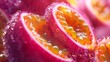 Close-up of passion fruit seeds, emphasizing their vibrant color and juicy texture. 8k