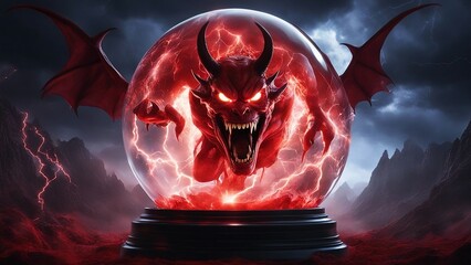 Wall Mural - dragon devil in the night highly intricately photograph of   Devil scream character as a red demon or monster screaming in a crystal ball with lightning