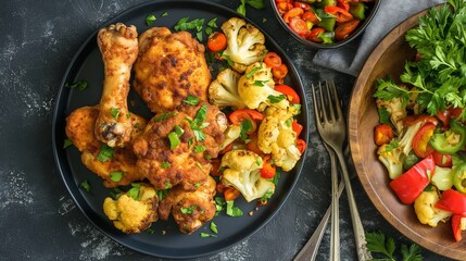 Wall Mural - A healthy dish of fried chicken legs with roasted cauliflower and sweet peppers on the side. 