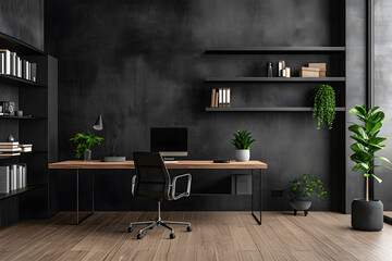 black minimalist office bookshelf The walls are wood and dark gray concrete.