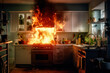 © Людмила Мазур - A dramatic scene unfolds as flames engulf a kitchen, billowing thick smoke into the air. The intense fire creates a chaotic and dangerous situation in the cooking area.