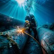 Diver conducting precise welding on underwater gas pipeline focus on hand skill and torch