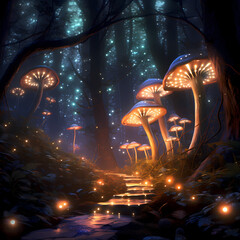 Sticker - An enchanted forest with glowing mushrooms.