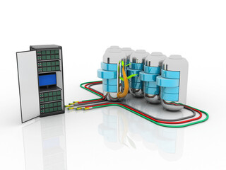 Wall Mural - 3d illustration Data center server with battery connected optical cable