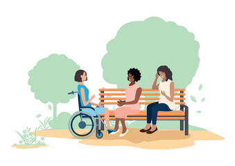 Smiling young women sit on a park bench and chat. Time with friends. Vector illustration in flat style on abstract background.